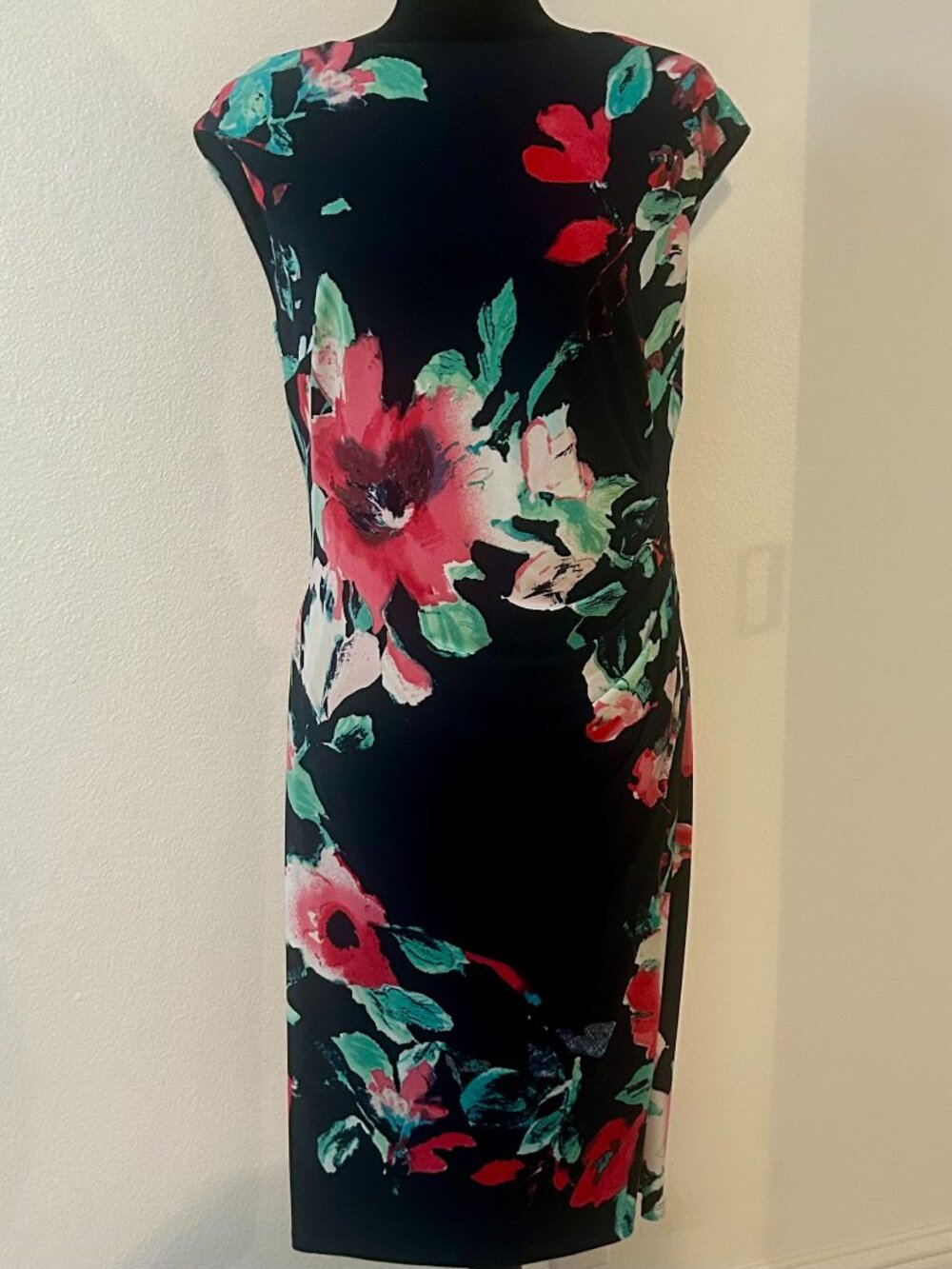 Lauren Ralph Lauren Floral Ruched Sheath Dress Watercolor Jersey Black 14